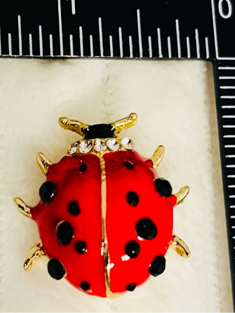 Gold-Tone Red Ladybug Brooch with Black Spots and Rhinestone Accents